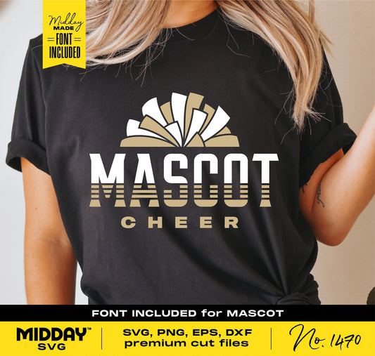 Black shirt with 'Mascot Cheer' design featuring bold font and pom pom graphic, available as SVG, PNG, EPS, DXF files.