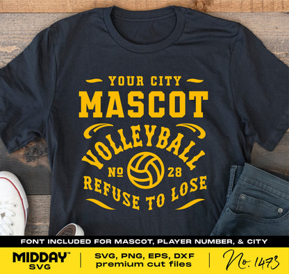 Customizable volleyball team shirt design with "Your City Mascot" in yellow text, available as SVG, PNG, EPS, DXF files.