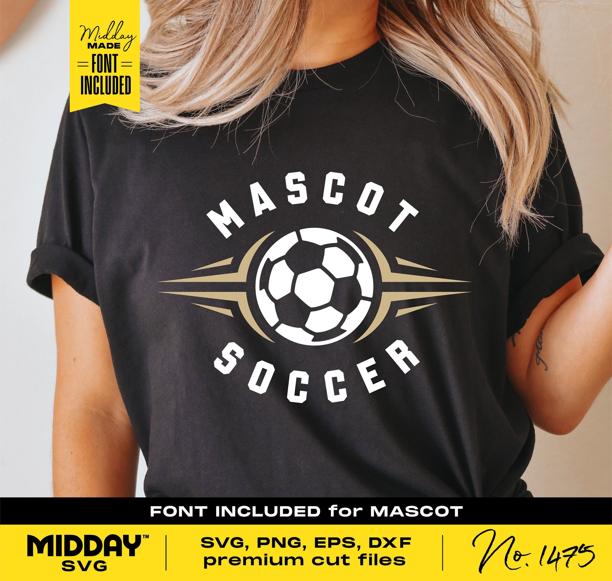 Customizable Mascot Soccer SVG design on black shirt, includes font for personalization, available in SVG, PNG, EPS, DXF formats.