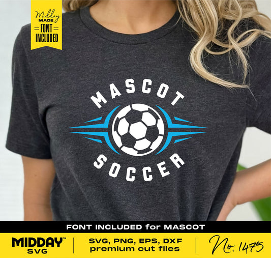 Person wearing a t-shirt with customizable soccer team logo design including text 'Mascot Soccer' and soccer ball graphic. Font included.