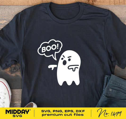 Black T-shirt with funny ghost and 'Booing' text design, suitable for Halloween wear, available as SVG, PNG, EPS, DXF for Cricut and Silhouette.