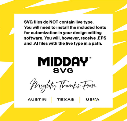 Midday SVG notice about font installation with "Mighty Thanks From" text, and Austin, Texas, USA on a yellow and white background.