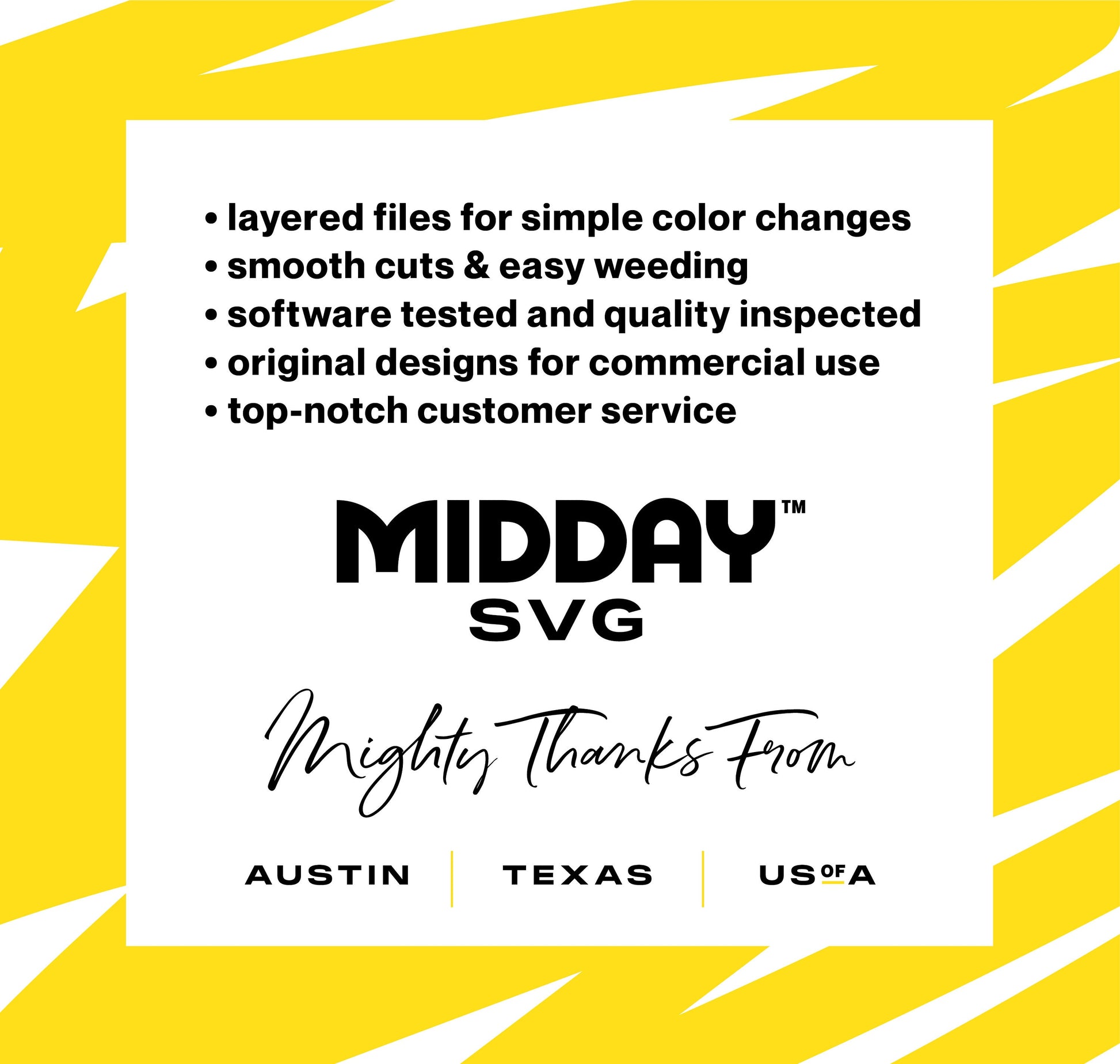 Midday SVG promotional banner highlighting features like easy weeding, commercial designs, and customer service, based in Austin, Texas.
