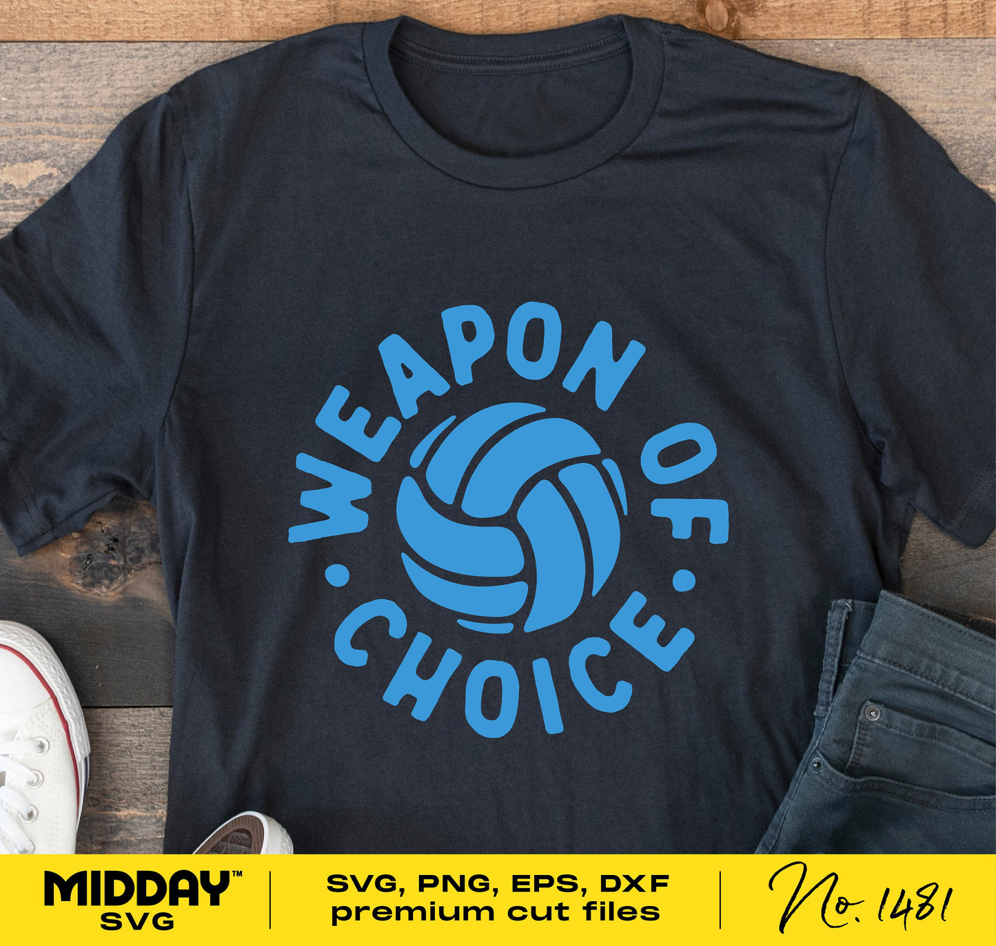 T-shirt with 'Weapon of Choice' blue volleyball design, ideal for Cricut projects, volleyball moms, and players.