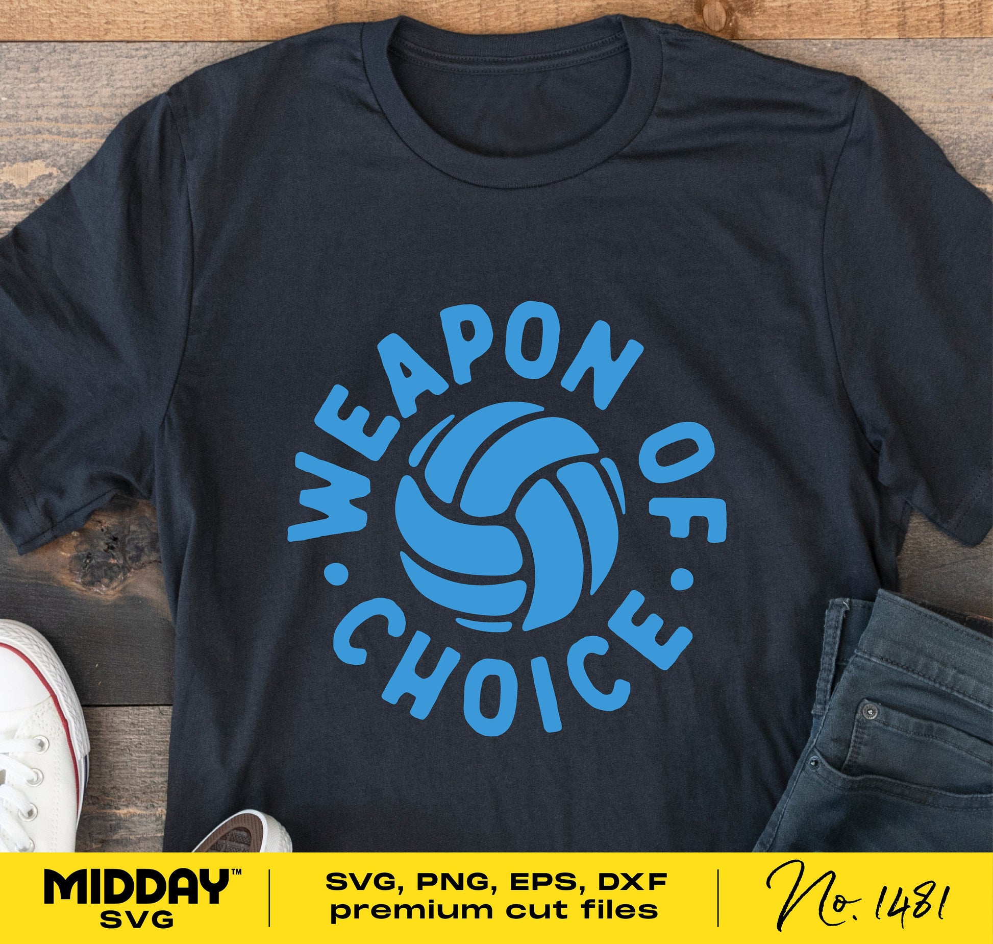 T-shirt with 'Weapon of Choice' blue volleyball design, ideal for Cricut projects, volleyball moms, and players.
