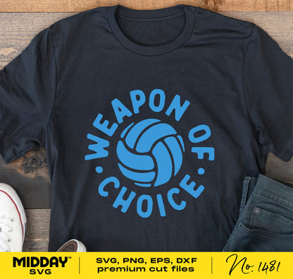 T-shirt with 'Weapon of Choice' blue volleyball design, ideal for Cricut projects, volleyball moms, and players.