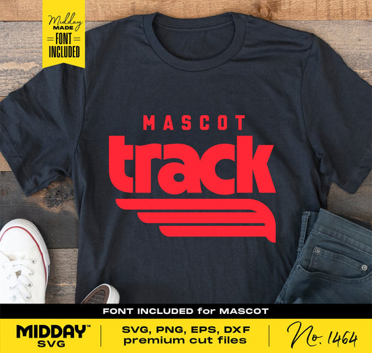 Black T-shirt with red 'Mascot Track' graphic, font included, suitable for SVG, PNG, EPS, DXF format use on Cricut and Silhouette.