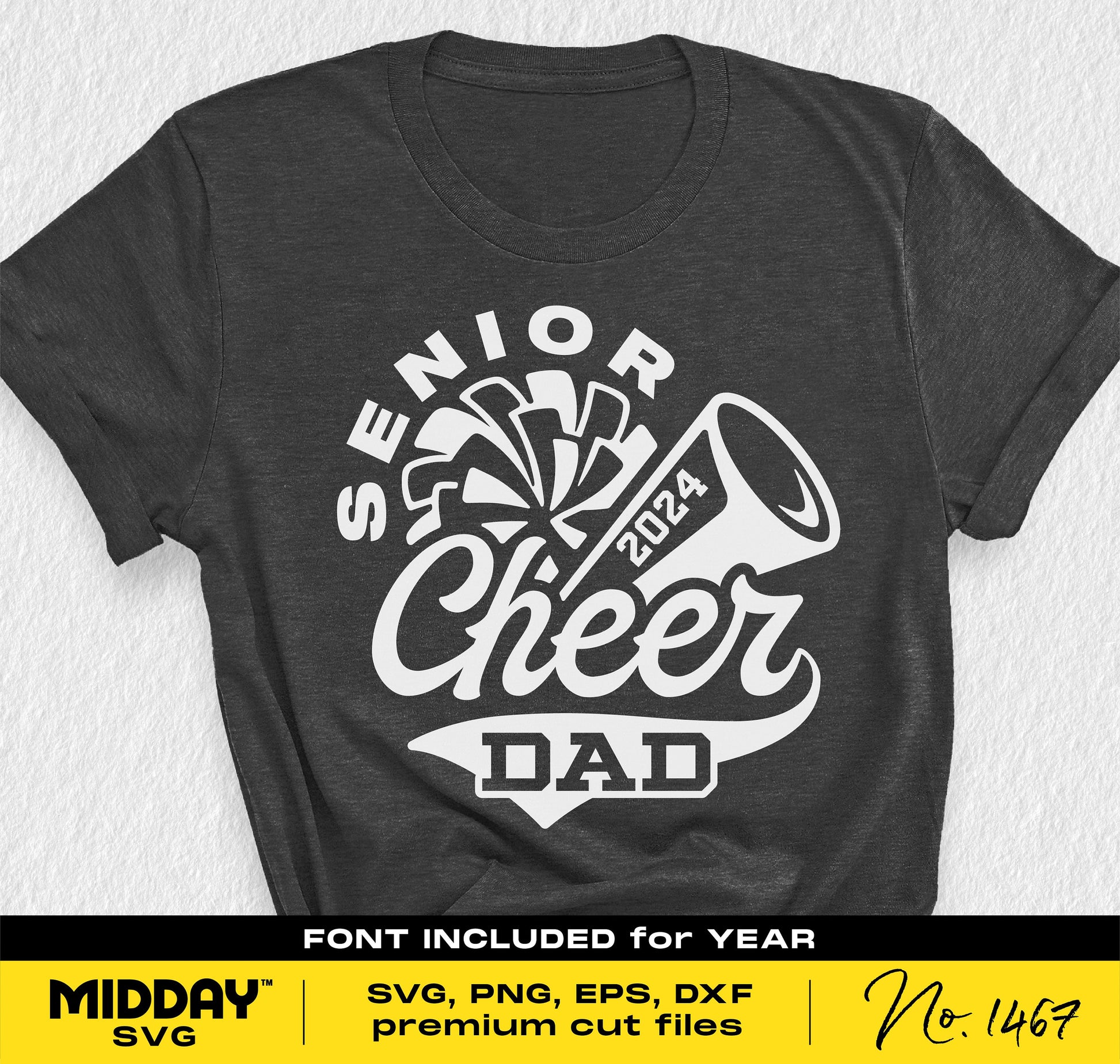 Senior Cheer Dad 2024 T-shirt with cheerleading megaphone and pom-pom graphics, available as SVG, PNG, DXF, EPS files.