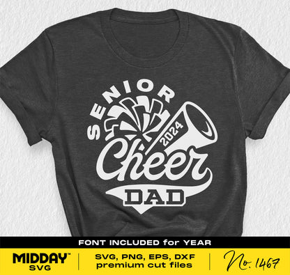Senior Cheer Dad 2024 T-shirt with cheerleading megaphone and pom-pom graphics, available as SVG, PNG, DXF, EPS files.