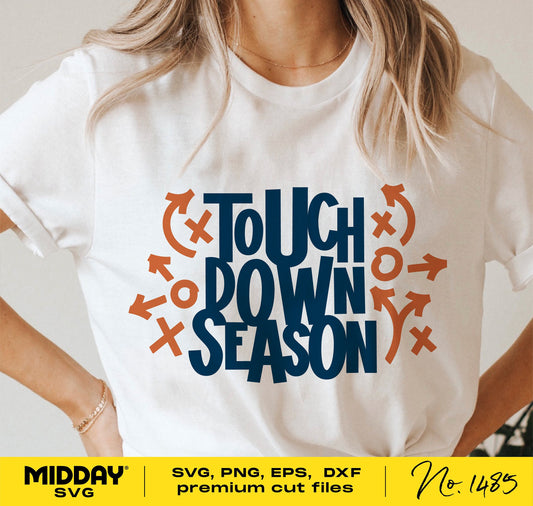 Touchdown Season football SVG on white T-shirt, featuring game day design ideal for Cricut and sublimation projects.