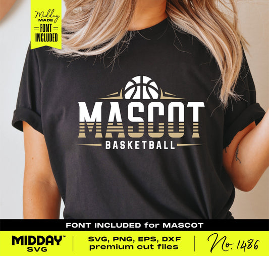 Black t-shirt with 'Mascot Basketball' logo design, includes SVG, PNG, EPS, DXF formats and premium cut files from Midday SVG.