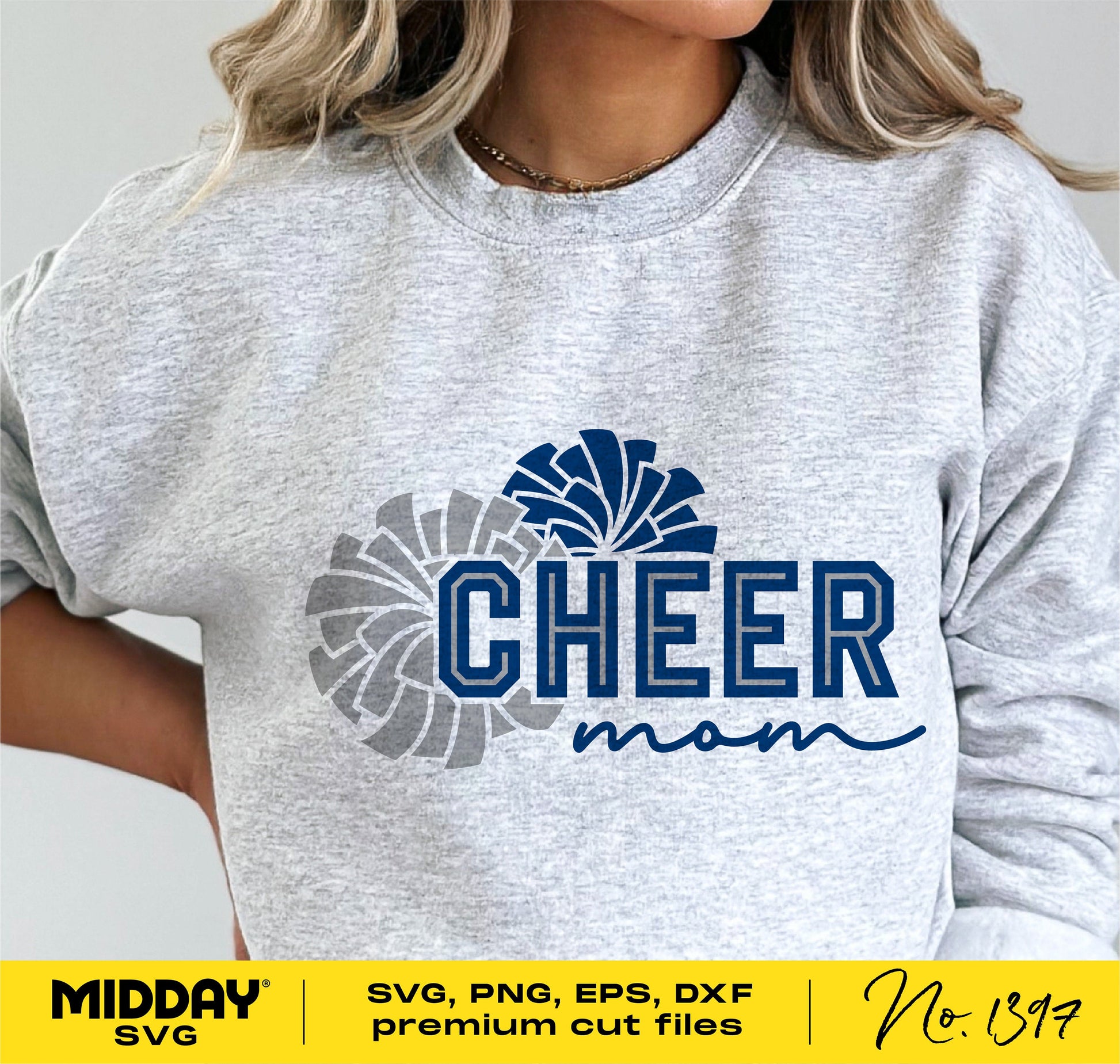 Woman wearing a gray sweater with 'Cheer Mom' design and pom poms graphic, showcasing SVG, PNG, EPS, and DXF cut files for digital download.