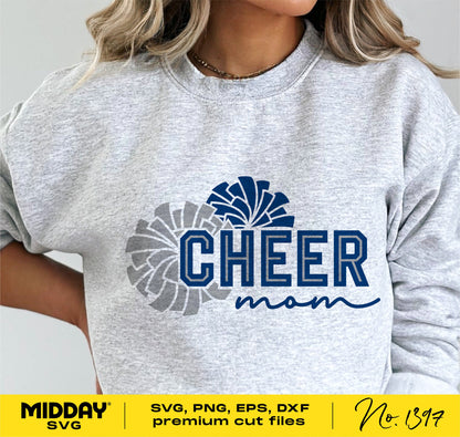Woman wearing a gray sweater with 'Cheer Mom' design and pom poms graphic, showcasing SVG, PNG, EPS, and DXF cut files for digital download.