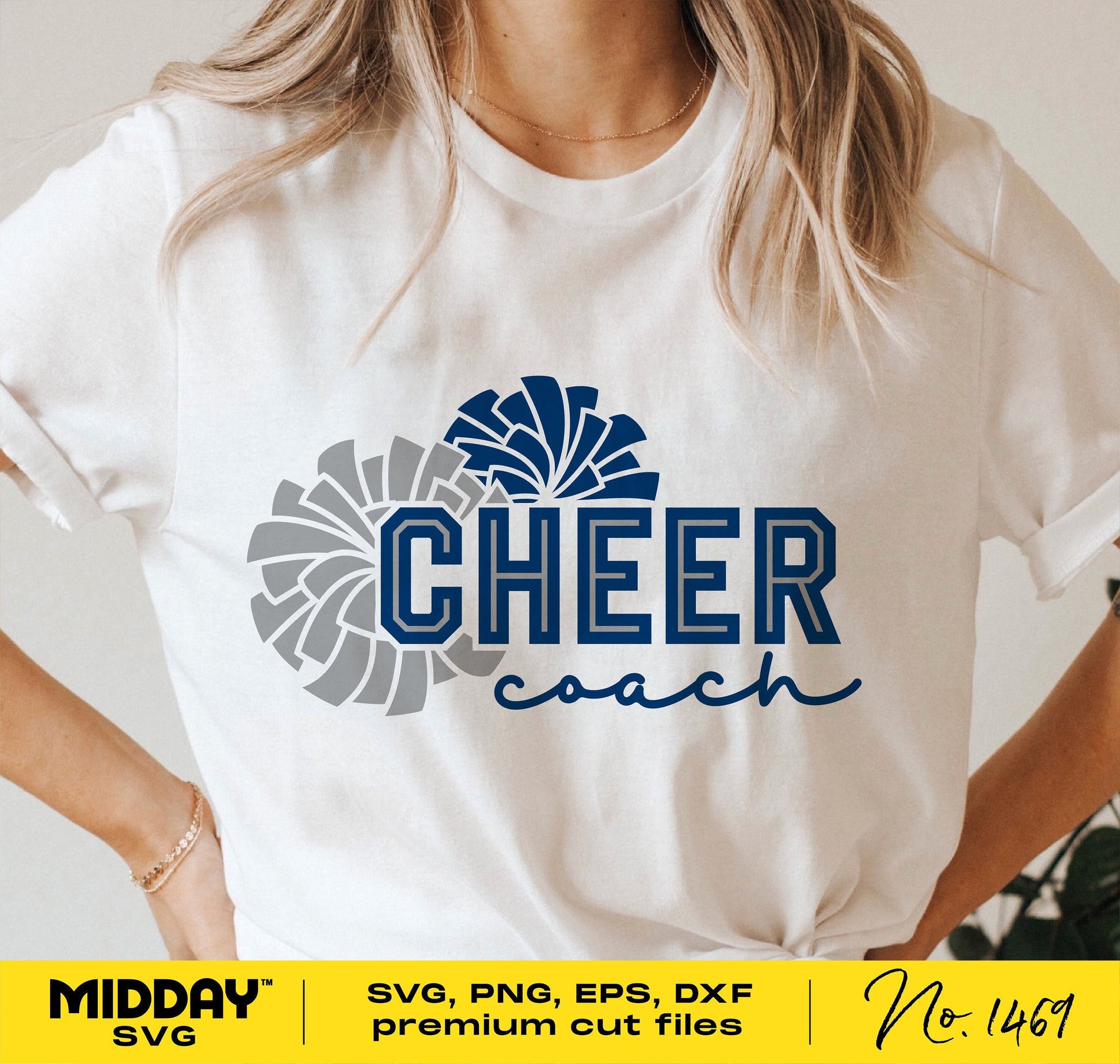 Woman wearing a white t-shirt with blue and gray 'Cheer Coach' design featuring pom poms, ideal for cheerleading SVG creations.