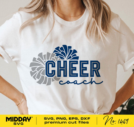 Woman wearing a white t-shirt with blue and gray 'Cheer Coach' design featuring pom poms, ideal for cheerleading SVG creations.