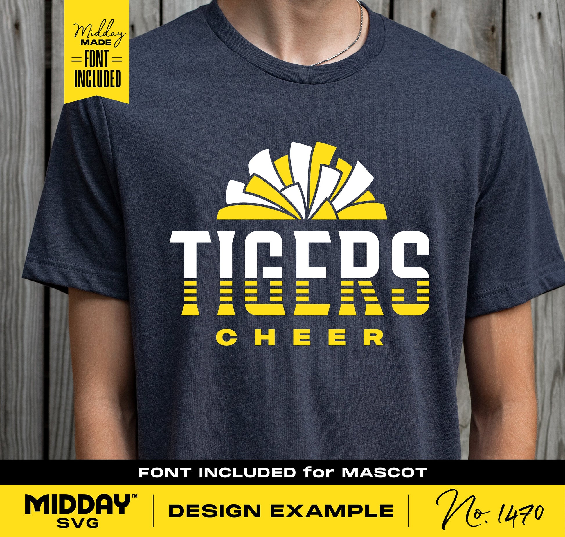 Cheerleader t-shirt with 'Tigers Cheer' design in yellow and white, featuring a pom-pom graphic. Font included for mascot design.