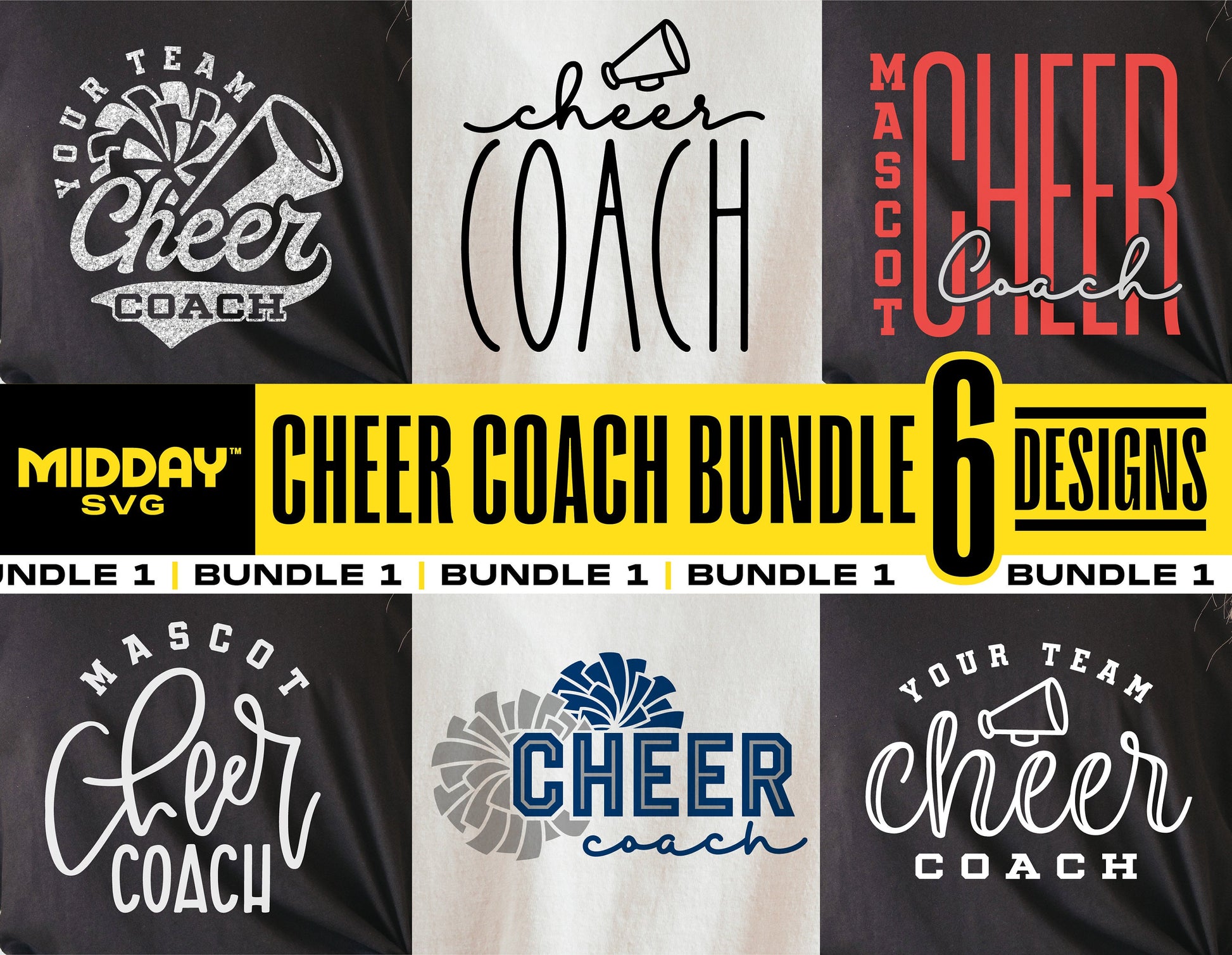 Cheer Coach SVG Bundle with 6 unique designs for customizable tumbler, Cricut, and shirt projects. Perfect for cheerleading gifts and crafts.