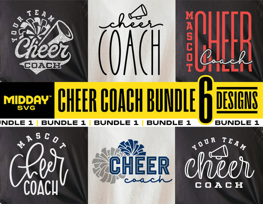 Cheer Coach SVG Bundle with 6 unique designs for customizable tumbler, Cricut, and shirt projects. Perfect for cheerleading gifts and crafts.