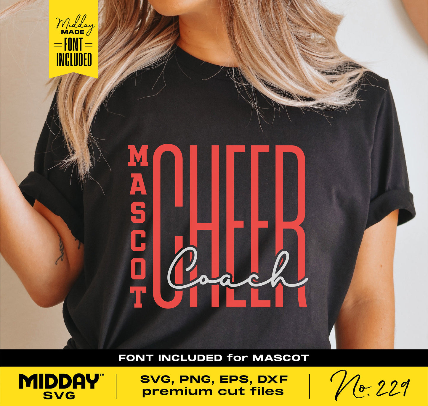 Black t-shirt featuring "Mascot Cheer Coach" design in bold red and white text, ideal for cheerleading gifts and crafts.