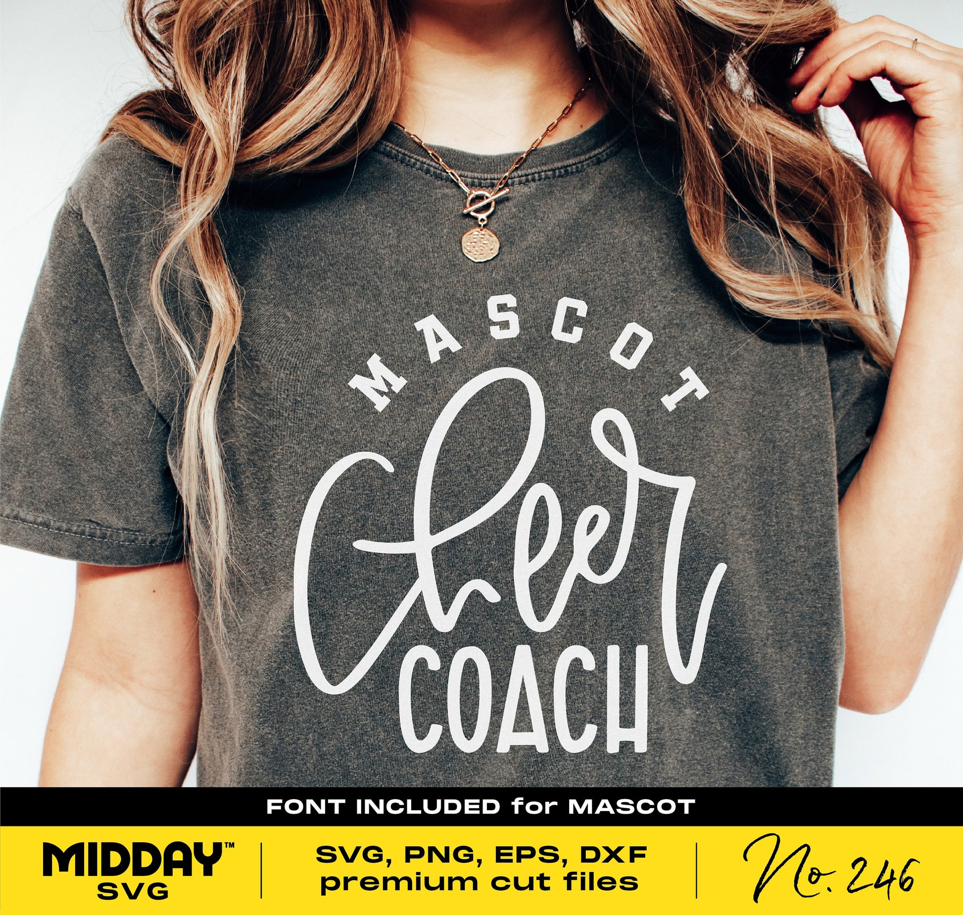 Person wearing a shirt with 'Mascot Cheer Coach' logo, showcasing Midday SVG files for crafting projects.