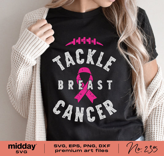 Black shirt featuring 'Tackle Breast Cancer' design with pink ribbon, available in SVG, EPS, PNG, DXF formats for Cricut use.