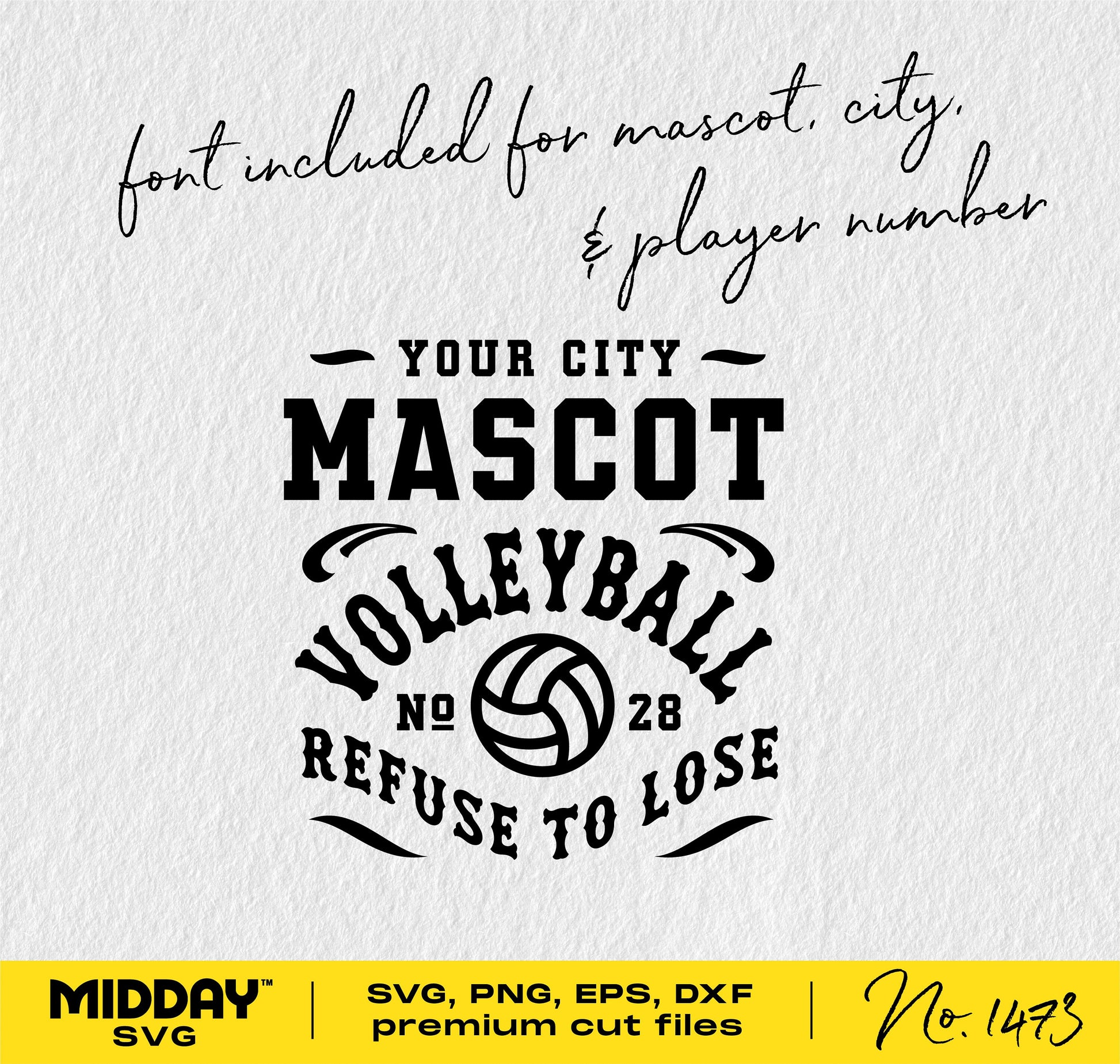 Volleyball team SVG design template with customizable mascot and city name, including font for Cricut and Silhouette.