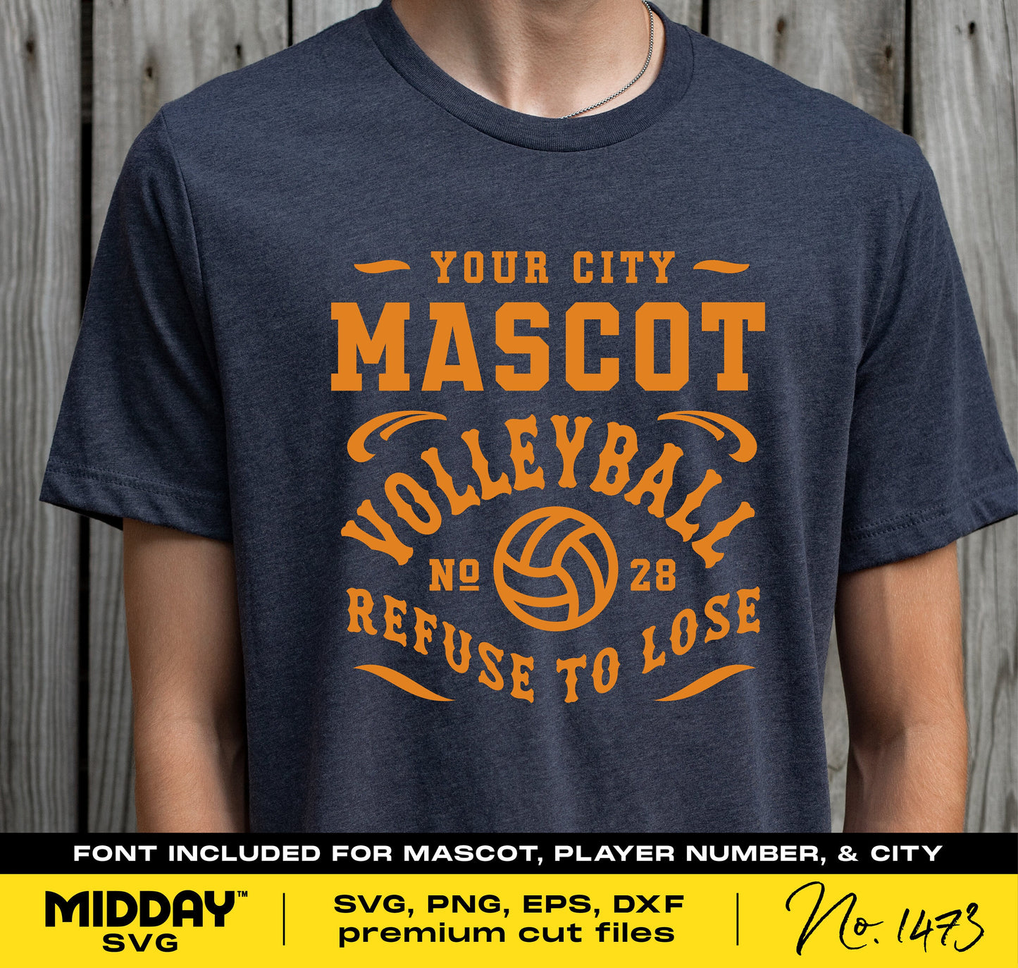 Blue t-shirt with custom volleyball team spirit design for SVG cutting and sublimation, featuring mascot and player details.