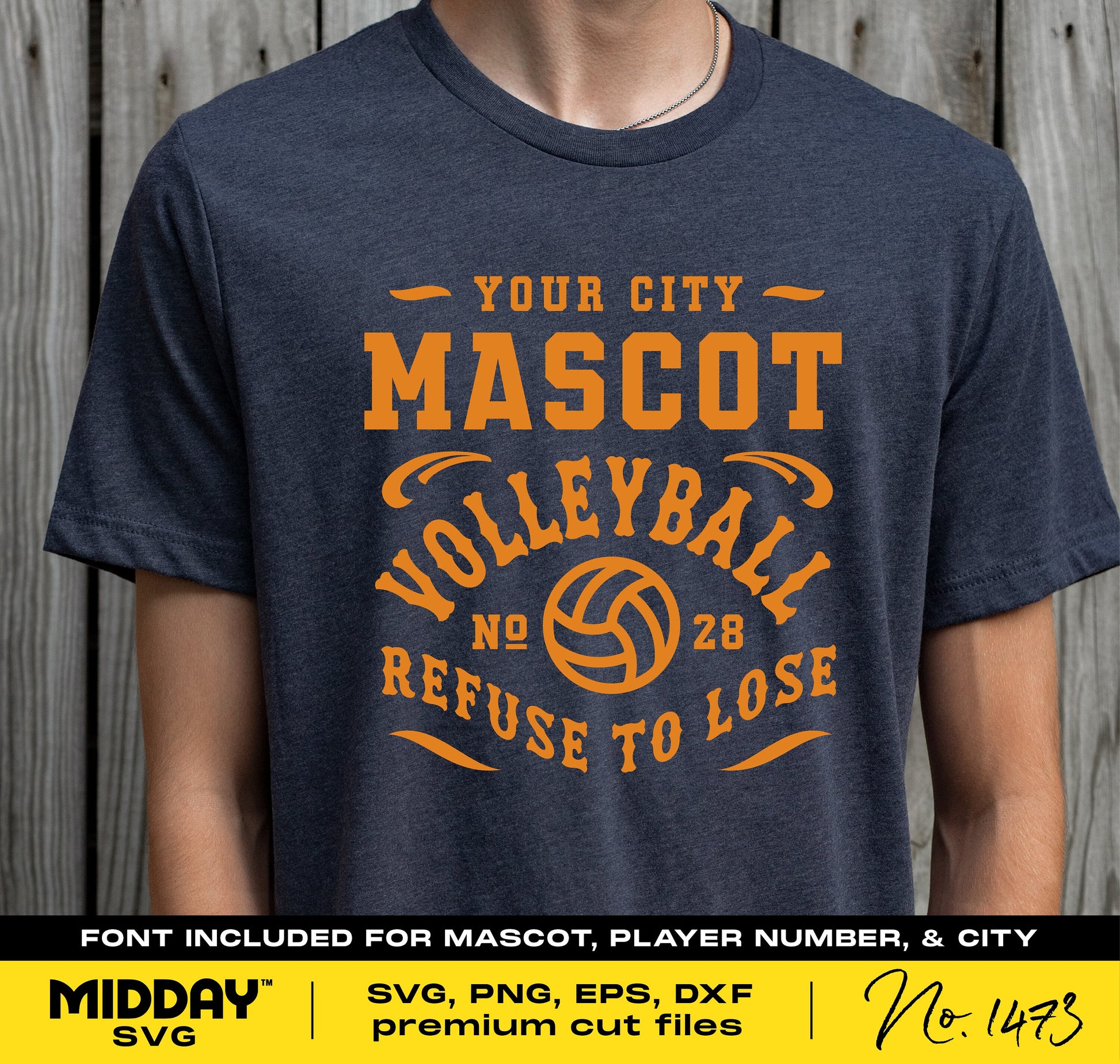 Blue t-shirt with custom volleyball team spirit design for SVG cutting and sublimation, featuring mascot and player details.