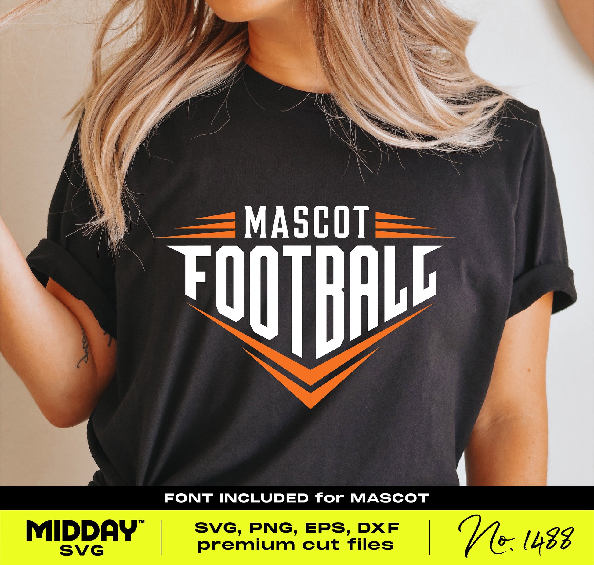 Woman wearing a black t-shirt with 'Mascot Football' design, ideal for team shirts, football mom apparel, and DIY Cricut projects.