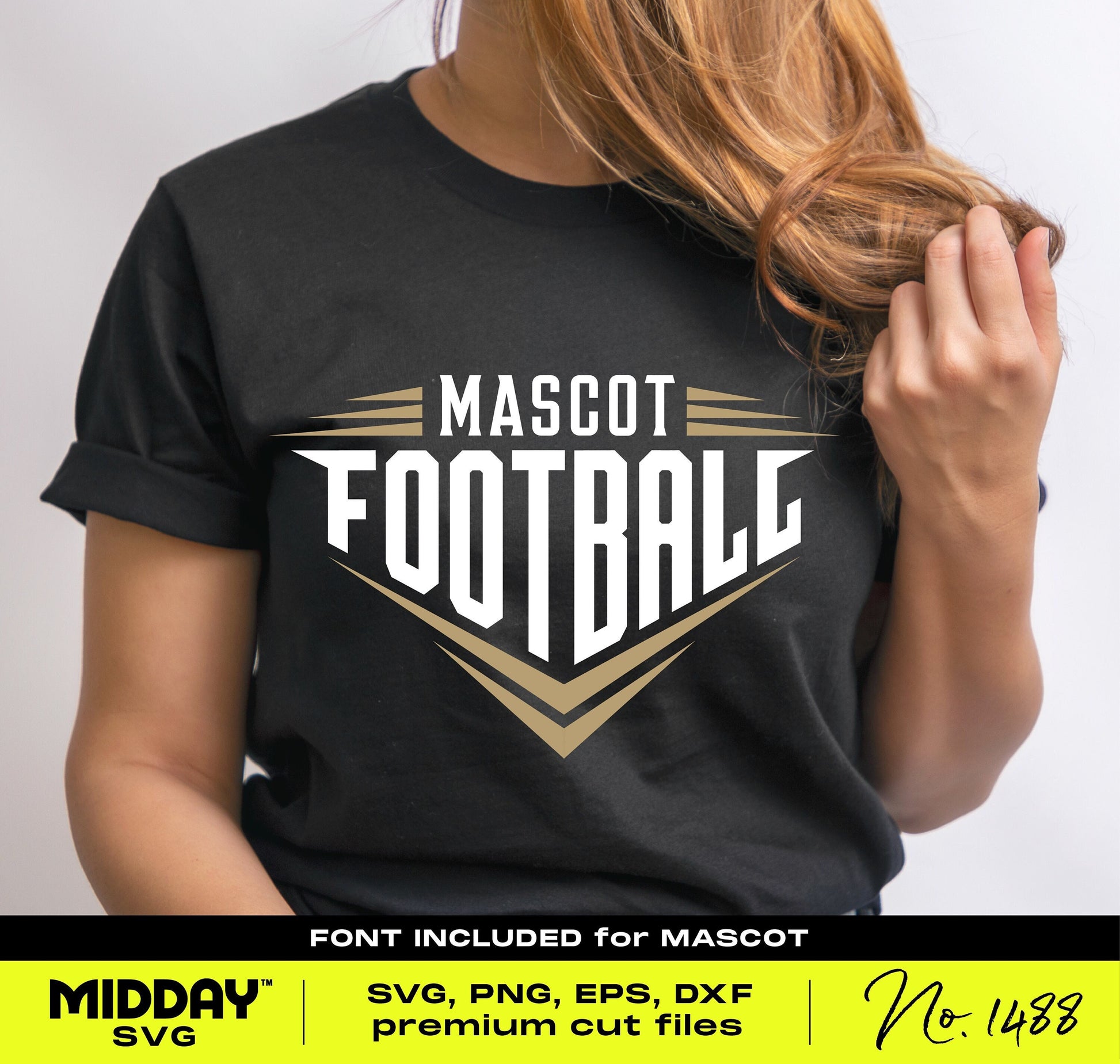 Person wearing a black t-shirt featuring 'Mascot Football' design, suitable for SVG, PNG, EPS, DXF files. Font included for customization.