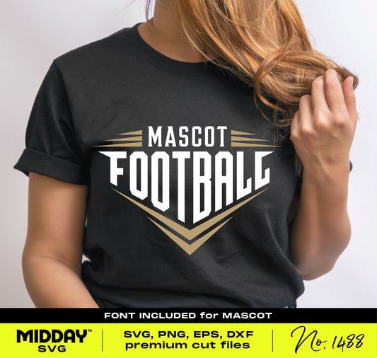 Person wearing a black t-shirt featuring 'Mascot Football' design, suitable for SVG, PNG, EPS, DXF files. Font included for customization.