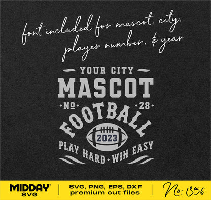 Football team template graphic featuring customizable city, mascot, and player number in SVG, PNG, EPS, and DXF formats.