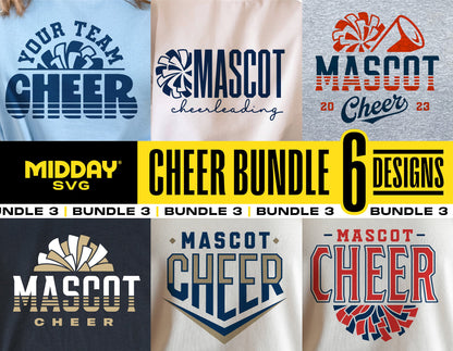 Cheer Bundle SVG with 6 designs featuring cheerleading themes for Cricut and Silhouette, including 'Mascot Cheer' and 'Your Team Cheer' graphics.