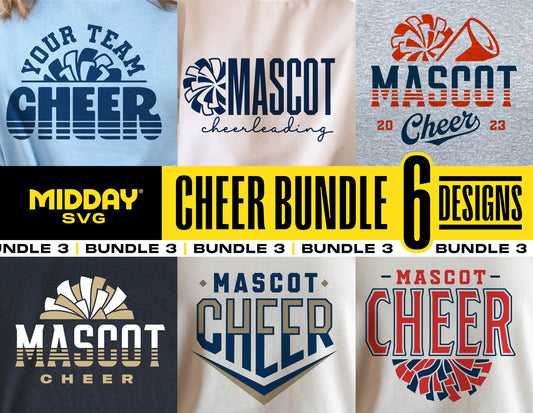 Cheer Bundle SVG with 6 designs featuring cheerleading themes for Cricut and Silhouette, including 'Mascot Cheer' and 'Your Team Cheer' graphics.
