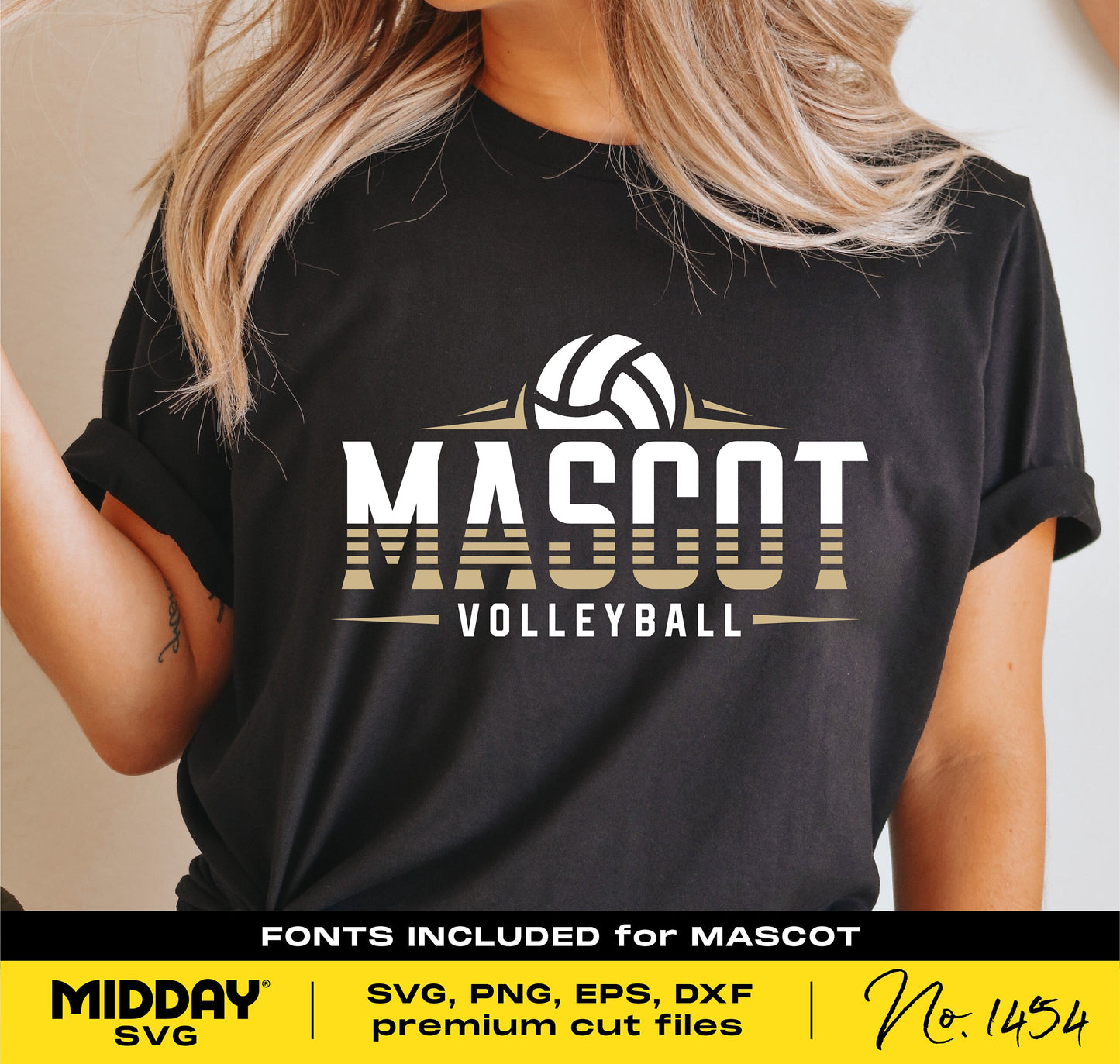 Woman wearing black shirt with 'Mascot Volleyball' design, highlighting SVG, PNG, EPS, DXF cut files for Cricut and DIY team shirts.