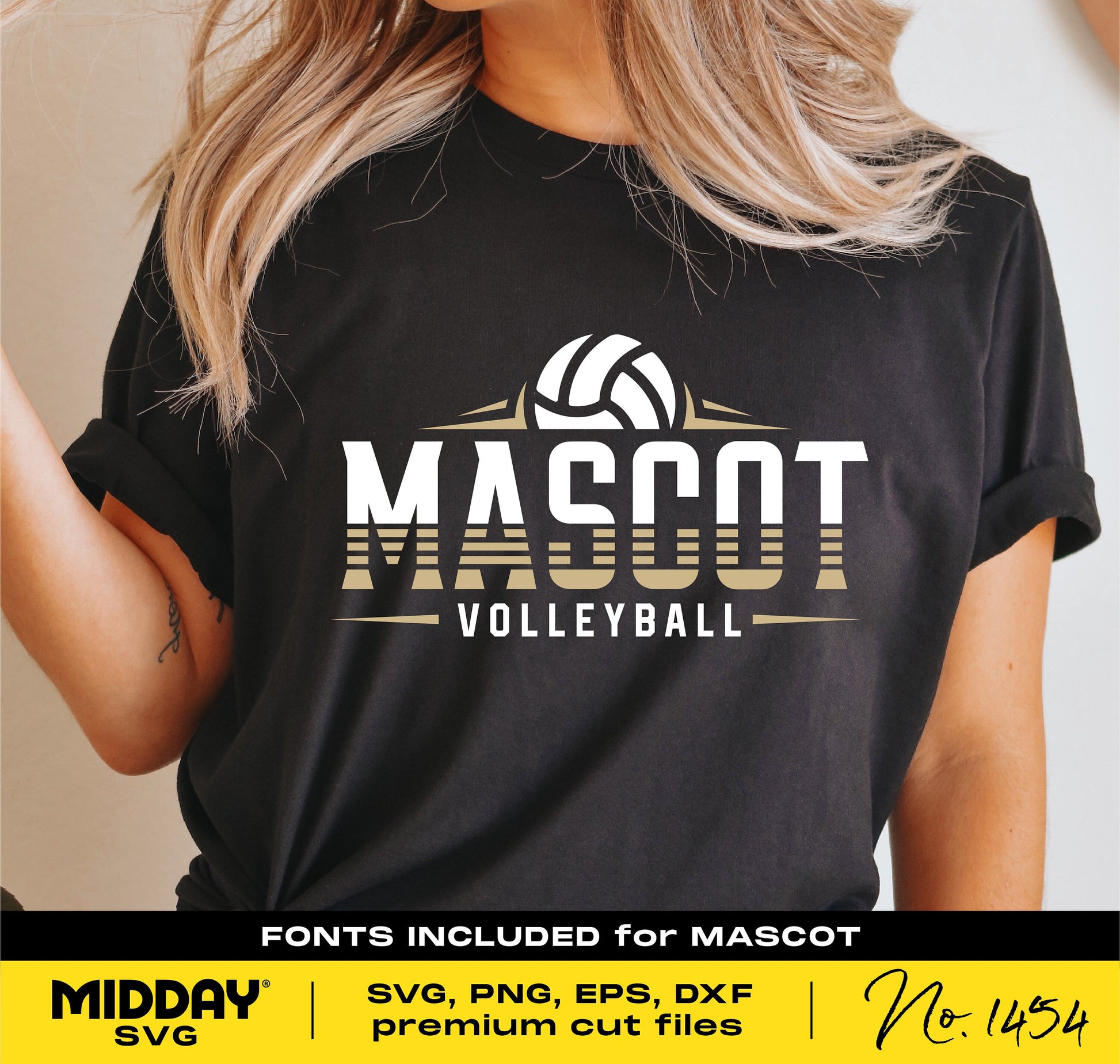 Woman wearing black shirt with 'Mascot Volleyball' design, highlighting SVG, PNG, EPS, DXF cut files for Cricut and DIY team shirts.