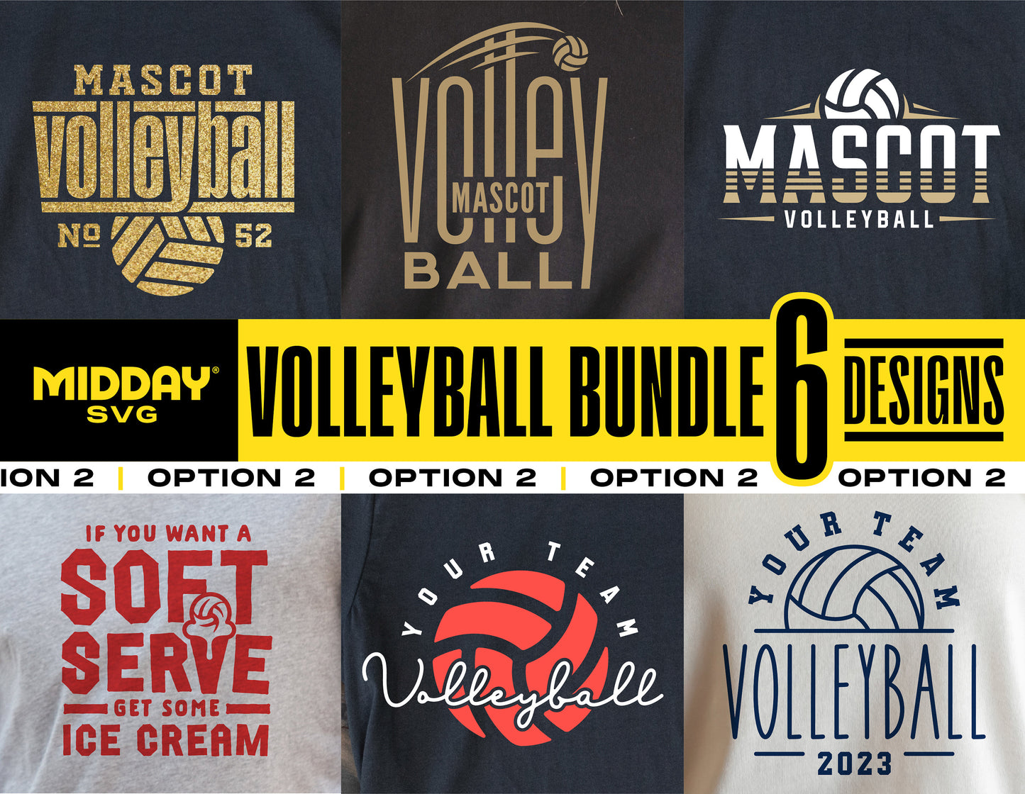Volleyball SVG Bundle with 6 designs for Cricut, featuring team templates and shirt designs for sublimation and silhouette crafting.