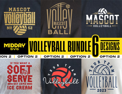 Volleyball SVG Bundle with 6 designs for Cricut, featuring team templates and shirt designs for sublimation and silhouette crafting.