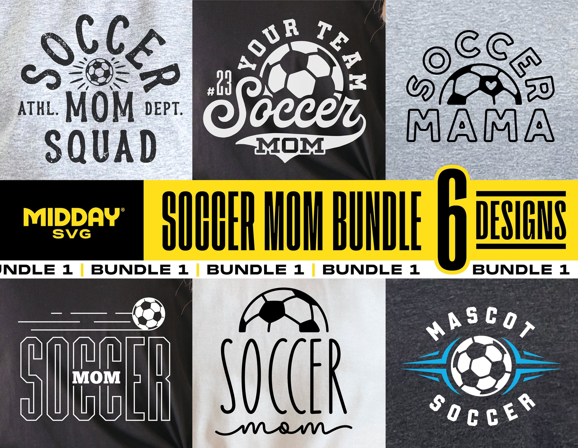 Soccer Mom Bundle SVG designs for shirts, featuring 6 creative templates including Soccer Mama and Mascot elements.