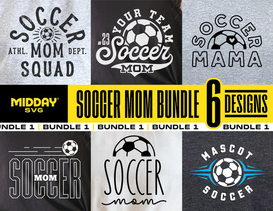 Soccer Mom Bundle SVG designs for shirts, featuring 6 creative templates including Soccer Mama and Mascot elements.