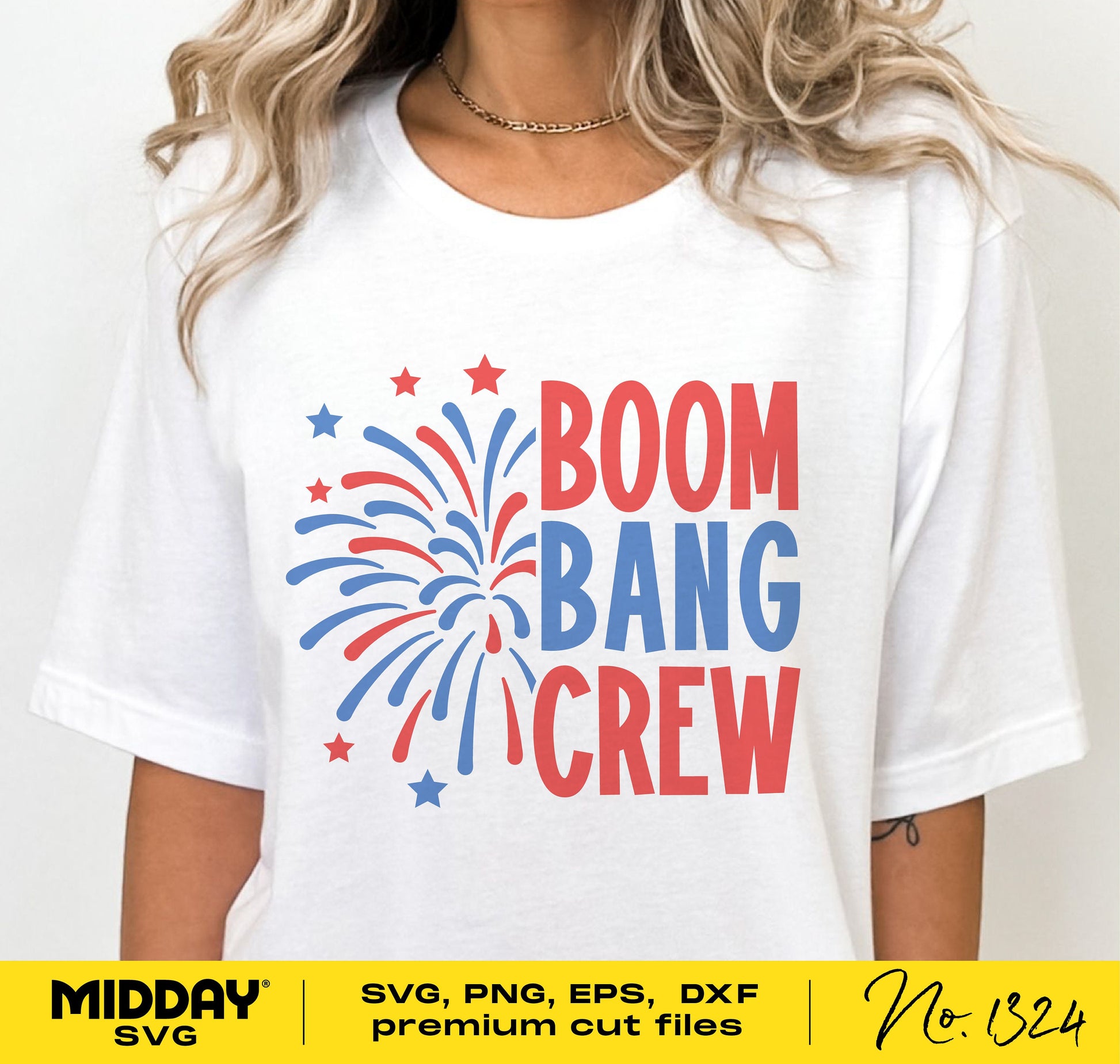 White t-shirt with 'Boom Bang Crew' fireworks design, featuring red, white, and blue colors, suitable for Fourth of July celebrations.