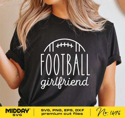 Woman wearing black t-shirt with 'Football Girlfriend' SVG design, perfect for creating sports-themed crafts and apparel.