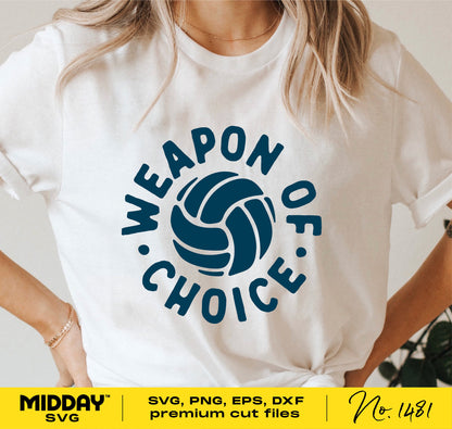 Woman wearing a white shirt with blue 'Weapon of Choice' volleyball design, ideal for Cricut projects and volleyball mom shirts.