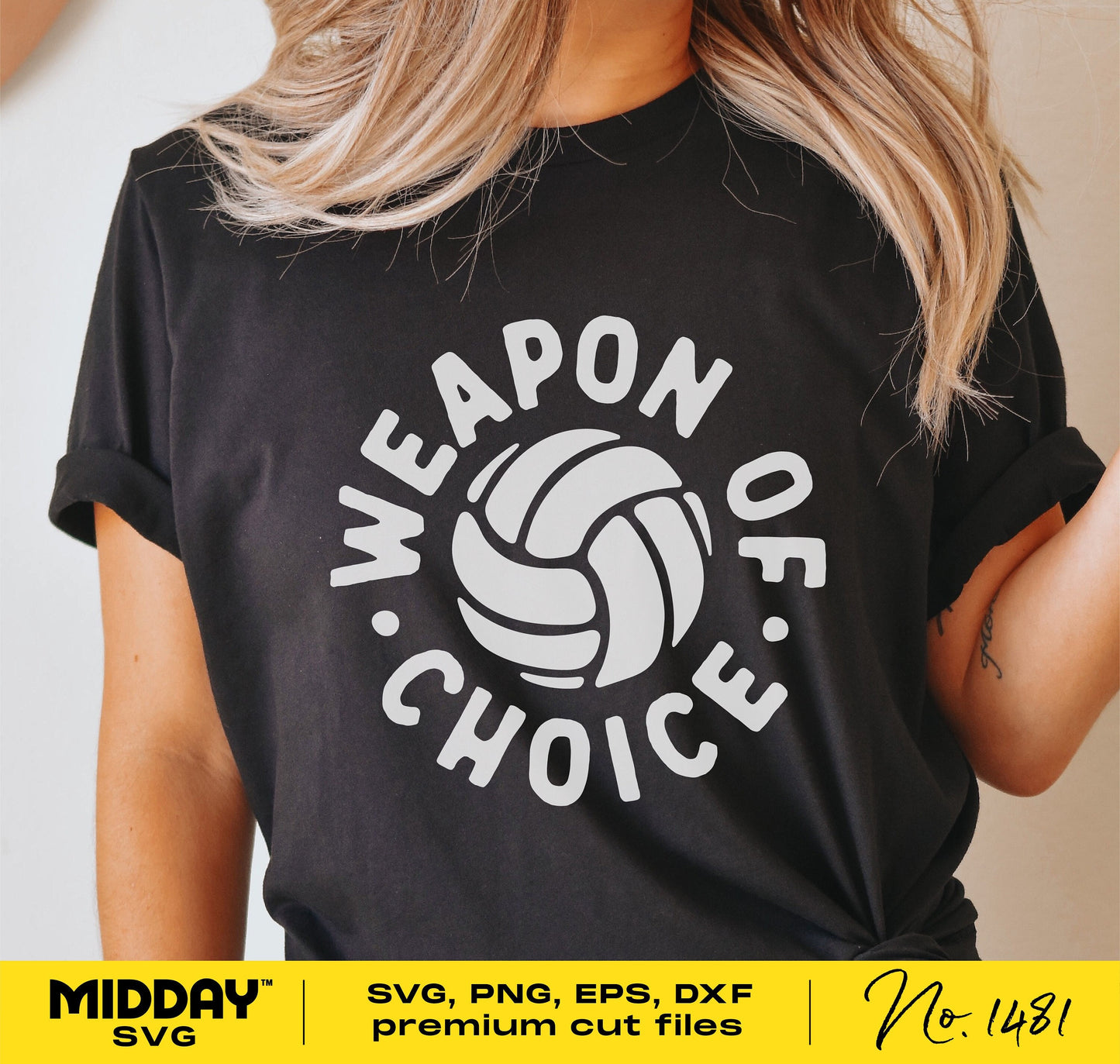 Black t-shirt featuring 'Weapon of Choice' volleyball SVG design for Cricut and shirts.