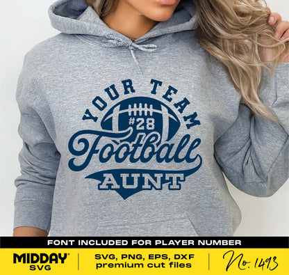 Gray hoodie with "Football Aunt #28" design, ideal SVG for Cricut crafting and personalized team shirts.
