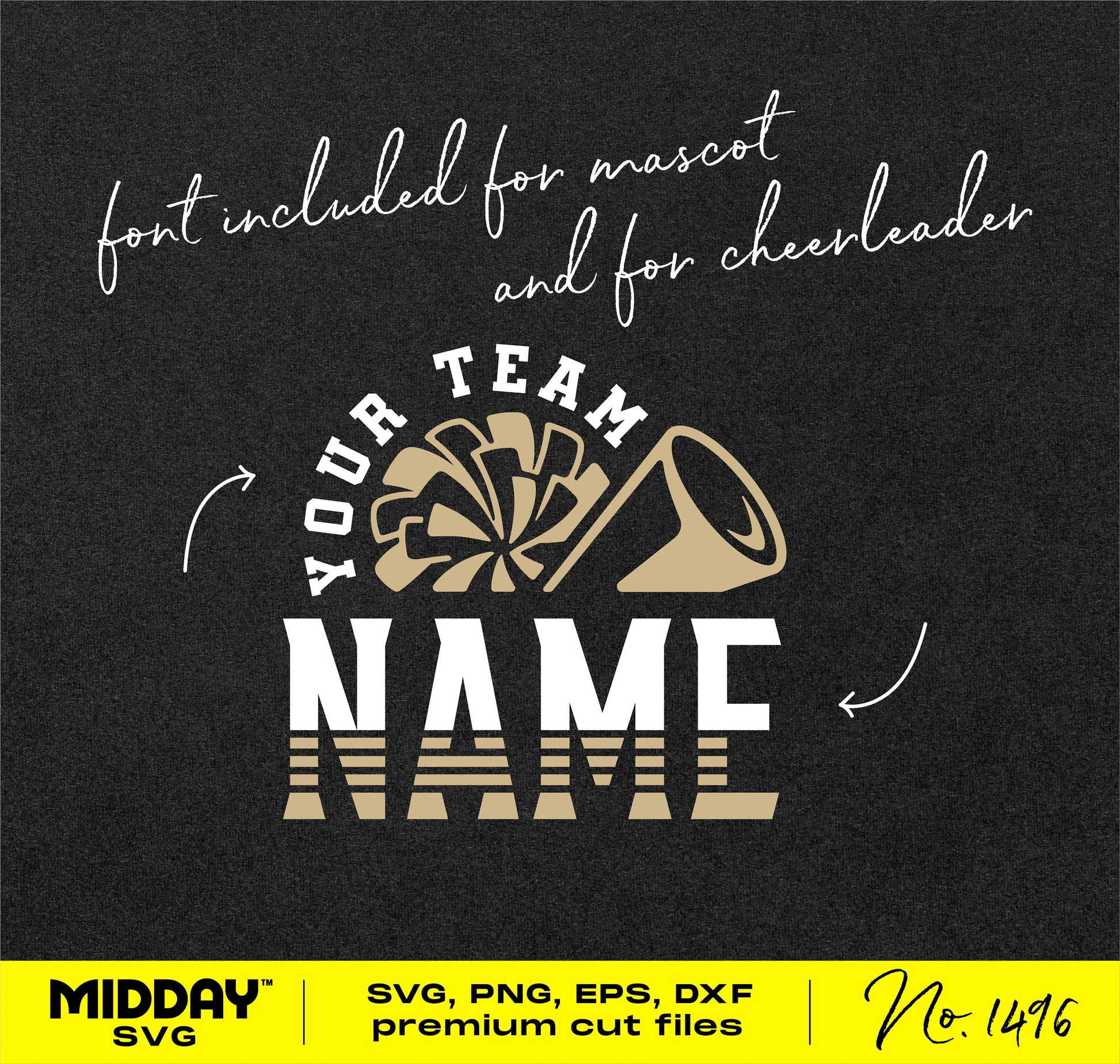 Cheerleader SVG design template with customizable team name, featuring a pom-pom and megaphone, suitable for Cricut and Silhouette.