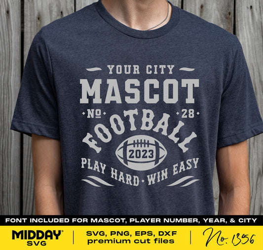 Navy blue football team shirt with customizable city and mascot text, number 28. Includes year 2023 and 'Play Hard - Win Easy'. Font included for SVG, PNG, EPS, DXF files.