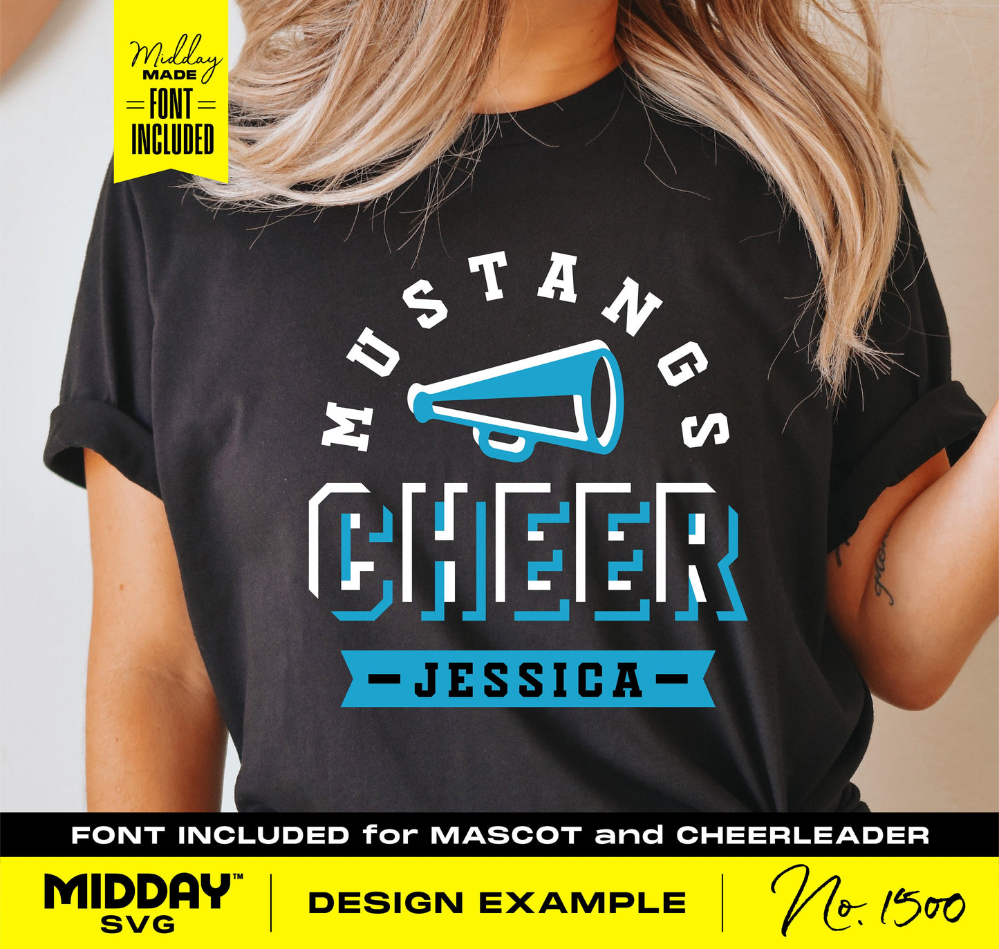 Black t-shirt featuring 'Mustangs Cheer Jessica' design with a megaphone graphic and customizable font for cheer teams.