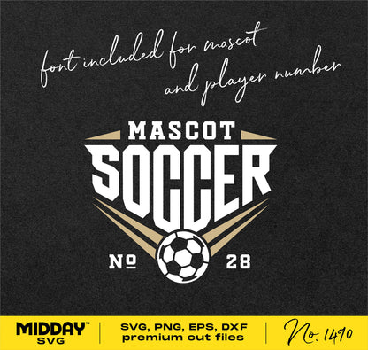 Soccer shirt design with customizable mascot and player number in SVG, PNG, EPS, DXF formats. Includes soccer ball graphic for Cricut.