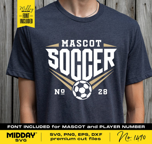 Soccer shirt design with customizable mascot and player number, featuring a soccer ball graphic. SVG, PNG, EPS, DXF formats included.